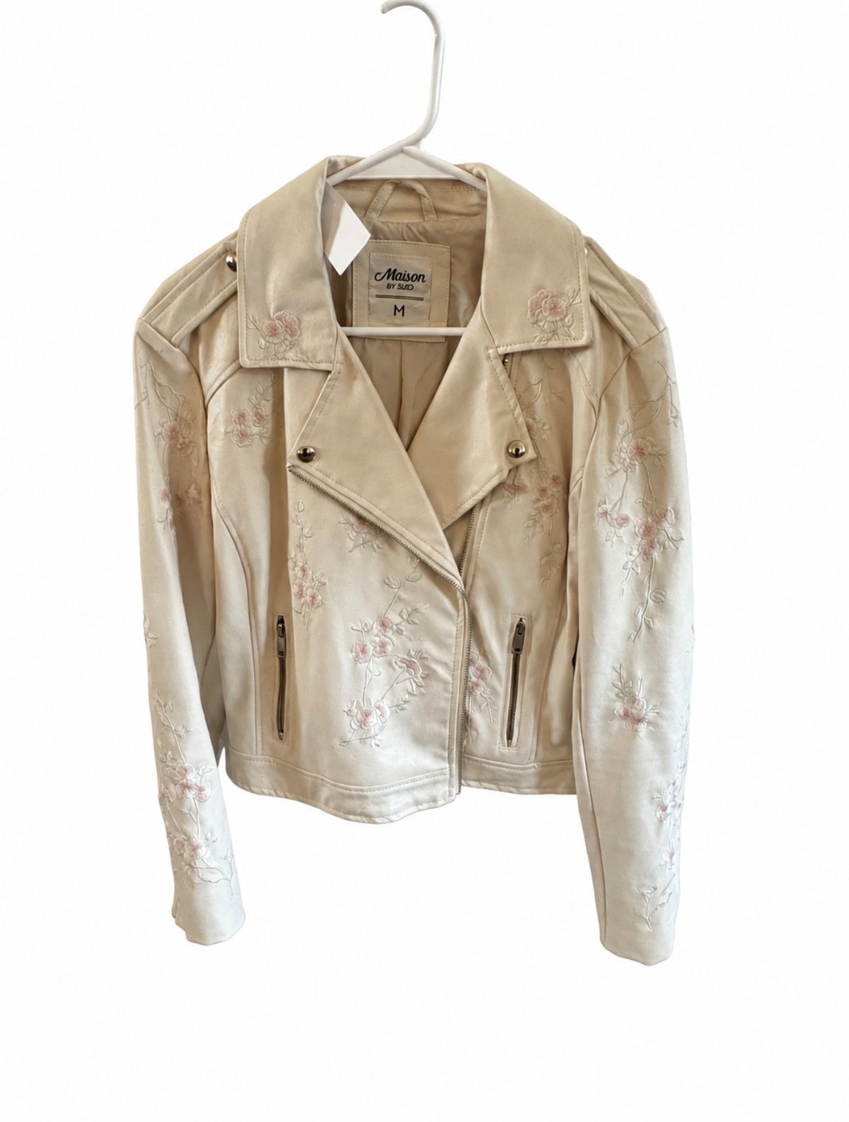 Mason by Suko Cream Floral Embroidered Moto Jacket Size M