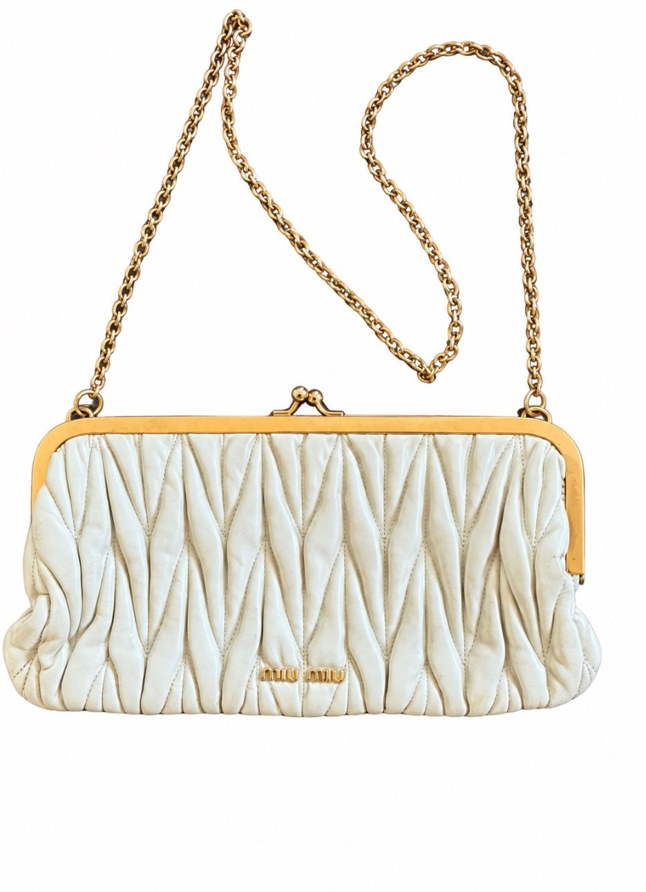 Miu Miu Ivory Matelassé Frame Clutch with Chain Strap