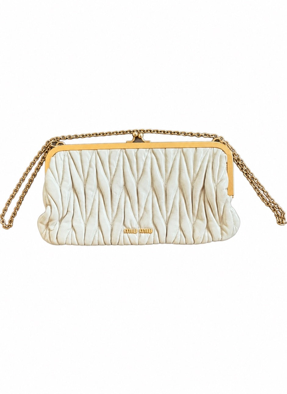 Miu Miu Ivory Matelassé Frame Clutch with Chain Strap