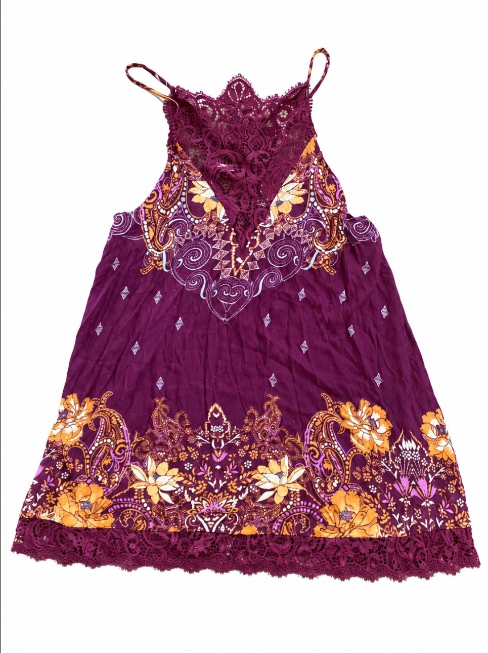 Free People Plum Floral & Paisley Lace-Trim Slip Dress — Size Small