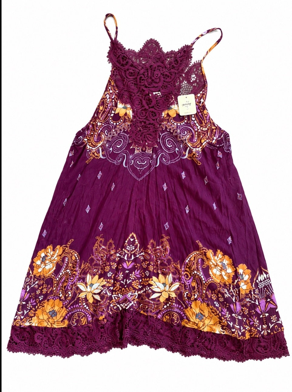 Free People Plum Floral & Paisley Lace-Trim Slip Dress — Size Small